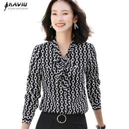 Bow Tie Print Shirt Women Long Sleeve Retro Spring Autumn Design Slim Chiffon Blouses Office Ladies Formal Work Tops 210604