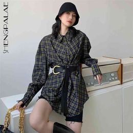 Plaid Blouse Women's Spring Turn-down Collar Single Breasted Long Sleeve Shirt With Belt Female Fashion 5A11 210427