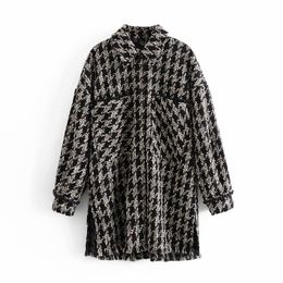 Vintage Woman Oversized Plaid Tassel Tweed Shirt Coat Autumn Fashion Ladies Thick Patchwork Jacket Female Chic Loose Coats 210515