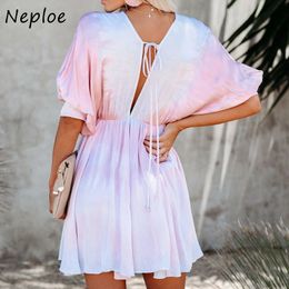 Neploe Women Tie Dye Print Ruffle Short Sleeve Mini Dress Summer Casual Sexy V Neck Backless Streetwear Party Vintage Dress Robe 210423