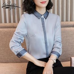19 Women's Tops and Blouse Long Sleeve Blue Chiffon Blouses Office Lady Vintage Solid Shirt Blusas Mujer 5749 50 210508
