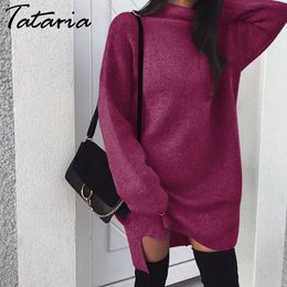 1 Forefair Turtleneck Long Sleeve Sweater Dress Women Autumn Winter Loose Tunic Knitted Casual Pink Clothes Solid Dresses 210514