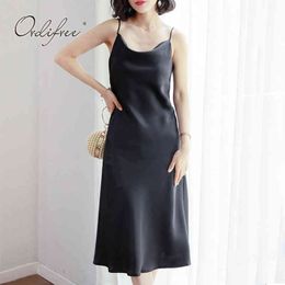 Summer Eleagnt Women Satin Party Spaghetti Strap Sexy Silk Slip Dress 210415