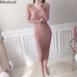 Korean Hooded Knitted Women Long Dress Spring Autumn Full Sleeve Casual Fashion Ladies Pencil Sweater Dresses Vestidos 210513