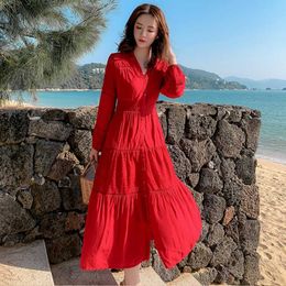 spring summer Casual Women long Sleeve red Dresses Vocation Holiday dress Vestido 210531