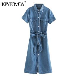 Women Chic Fashion With Belt Pockets Denim Midi Dress Lapel Collar Short Sleeve Female Dresses Vestidos 210420