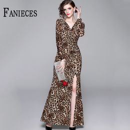 Women Elegant Split Leopard Print Maxi Long Dress Party Woman Dresses Boho Style Beach Sundress vestido de mulher 210520