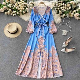 Women Retro Fashion Print Lace V-neck Long-sleeved High Waist Single-row Button-down A-line Dress Elegant Vestidos R673 210527