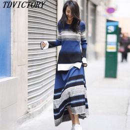 spring Autumn Women Striped Two Piece Set O Neck Flare Sleeve Long Sweater Pullover & Female Casual Knitted Skirt 220302
