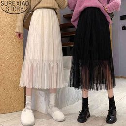 Korean Style Tassel Lace Stitching Skirt Pleated Women Spring High Waist Casual Thin Black Apricot Skirts 12994 210417