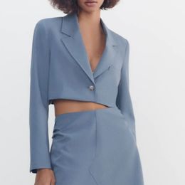 Women Fashion Single Button Cropped Blazer Coat Vintage Long Sleeve Female Outerwear Chic Veste Femme 210430