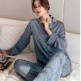 Silk Pajamas Autumn and Winter Ladies Sexy Home Wear Cardigan Long-sleeved Trousers Two-piece Casual Girls Loose Casual Pajamas 211112