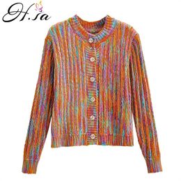 H.SA Roupa Feminino Women Long Sleeve Retro Cardigans Colourful Striped Sweater Open Stitch Fall Warm Casual Jacket 210417