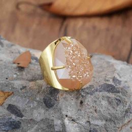 BOROSA Rainbow Titanium Faceted Claw Copper Gold-color Teardrop Egg Shape Champagne Druzy Ring