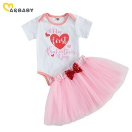 0-2Y My 1st Valentines Day Baby Girl Outfits born Infant Letter Romper Bow Tulle Skirts Costumes Clothing 210515