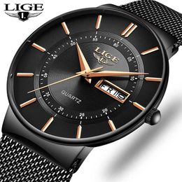 LIGE Watch Men Fashion Simple Quartz Watches Men Stainless Steel Mesh Band Casual Sport Wrist Watch Date Analogue Male Clock 210527