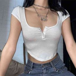 Women T-Shirt Button Slim Fit Hollow Out See-through Transparent Tops Short Sleeve Square Collar White Summer Clothing 210522