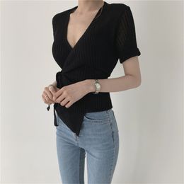 Sweet Lace-Up V-Neck Solid Gentle Chic Knitted Cardigans Women's Short Sleeves Outwear Sweater Basic Clothe 210421