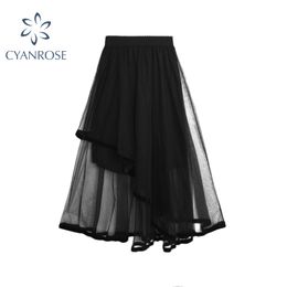 Autumn Women Tulle Skirt Black Casual Elegant High Waist Mesh Tutu Pleated Midi Skirts Female loose Long Skirts Women 210417