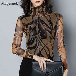 Sexy Mesh Lace Women Tops Blouses Casual Spring Long Sleeve Shirt Turtleneck Print Blouse Shirts Blusas Mujer 7696 50 210512