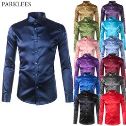 High Quality Silk Satin Shirt Men Chemise Homme Casual Long Sleeve Slim Fit Mens Dress Shirts Business Wedding Male Shirt 210410