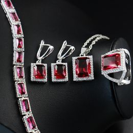 Earrings & Necklace GZJY Women Red Blue Crystal 925 Sterling Silver Logo Wedding Ring Pendant Bracelet Jewellery Sets For Bridal