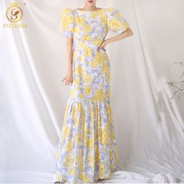 Fashion Korean Summer Dresses Women's Lantern Sleeves Slim Waist Printed Mermaid Long Dress Vestidos 210520