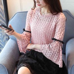 Lace blusas mujer de moda Fashion Women Blouse Three Quarter Sleeve O-neck Hollow Out Bow Shirt Tops 21F 210420