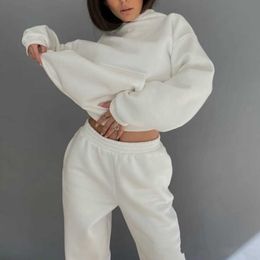 Winter Hoodies Suit Women's Solid Colour Long Sleeved Sports Suit Drawstring Two Piece Sweatshirt Pullover Jogger Pants Suit D23 Y0625