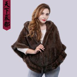 Arrival Fashion Women Fur Shawl Winter Knitted Real Mink Stole With Hood Poncho Scarves