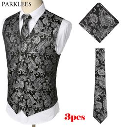 Mens Black Waistcoats Slim Fit Men 3pcs Vest+Necktie+Handkerchief Set Paisley Jacquard Tuxedo Suit Vest For Party Wedding 210522