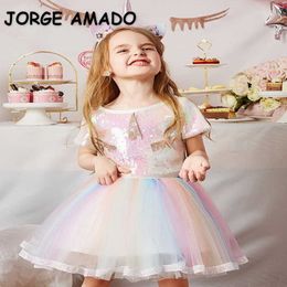 Summer Girl Sets Unicorn Sequin Top + Rainbow Chiffon Skirt Kids Clothes E1288 210610