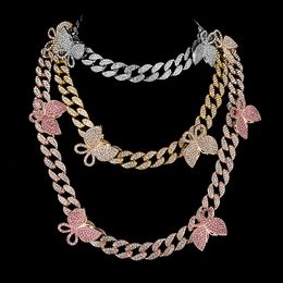 Iced Out Cuban Link Chain Butterfly Choker Necklace Mens Womens Gold Silver Hip Hop Necklaces Jewellery 18inch