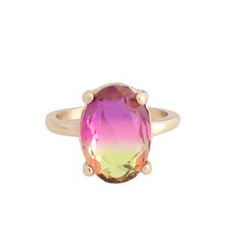 Fashion gold Plated Oval Gradient Pink Blue Glass Crystal Rings chromatic Geometric Ring for Women Jewellery gift