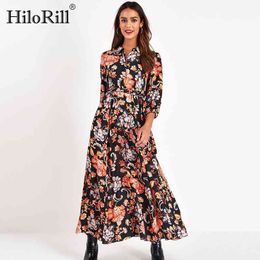 Floral Print Long Maxi Dress Women Casual Turn Down Collar Shirt Three Quarter Sleeve Bohemian Sashes es 210508