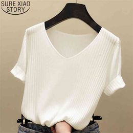 white Tees Short Sleeve Silk Tops Women T-Shirt Knit Shirts Loose V Neck Fashion Spring Summer Thin Bottoming Shirt 13539 210506
