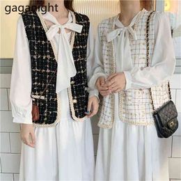 Elegant Women Chiffon Maxi Dress Fashion Long Sleeve Bow Collar White Dresses with Loose Vest Chic Sweet Vestidos 210601