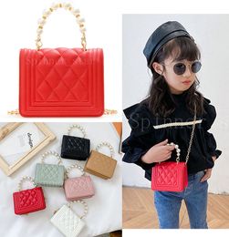 Little Girl Fashion Handbags PU Chain Pearl Geometric Handle Shoulder Package Exquisite Practical Outdoor Bags Holiday Gift