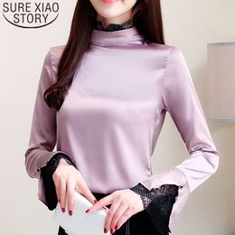 Blusas Mujer De Moda Womens And Blouses Lace Solid Turtleneck Flare Sleeve Ladies Tops For Women Blouse Shirts 5425 50 210415