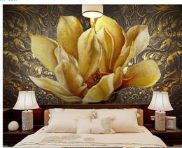 Metal oil painting flower embossed gold flower 3D stereo TV background wall modern wallpaper for living room