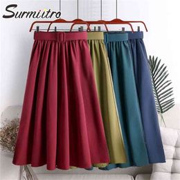 Surmiitro Midi Skirt Women With Belt For Spring Summer Ladies Korean Red Green Black Blue High Waist Long Female 210619