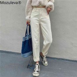 Mozuleva White Jeans for Women High Waist Harem Mom Spring Long Streetwear Fleece Losse Denim Pants 210629
