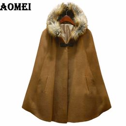 Fashion Women Winter Woollen Warm Cloak Ponchos Cape Coat Wool Blend Outerwear with Fur Hat Outcoat Loose Manteau Female 210416