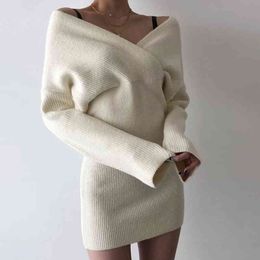 Christmas Ribbed Knit Bodycon White Party Dresses For Women Sexy V Neck Long Sleeve Short Black Winter Sweater Dress Warm 210415