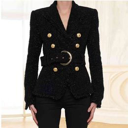 HIGH STREET est Baroque Fashion Designer Blazer Women's Double Breasted Lacing Belt Sparkle Wool 210521