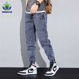 Autumn Loose Men's Jeans Text embroidery Baggy Elastic Waist Harlan Cargo Jogger Brand Trousers Male Grey Large Sizes M-8XL 211111