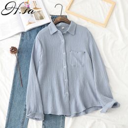 HSA Women Spring Summer Blouses Shirts Buttons Chic Vintage Oversize Office Korean Style Lady Wild Gauze Tops 210417