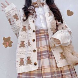 Winter Ulzzang cute bear knitted sweater plus size fashion Japanese cardigan Preppy female Harajuku kawaii cartoon 210608