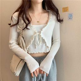 Womens Cardigan s Sets Knitted Sweater Korean Clothing Lace Up Cardigans Thin Slim Crop Tops Pullover 211018