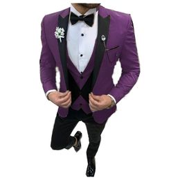 Costume Homme Purple Party Men's Suits Fashion Peaked Lapel Groom Tuxedo (Blazer+Pants+Vest) Custom Made Formal Wedding Suits